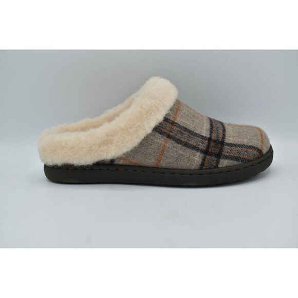 Born Womens Size 11 Ali Genuine Shearling Wool Trim White Plaid Slip On Slippers - Picture 9 of 12
